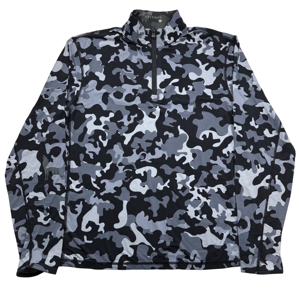 Greyson AOP Performance Camo Quarter Zip Pullover Golf Shirt Gray Black Large